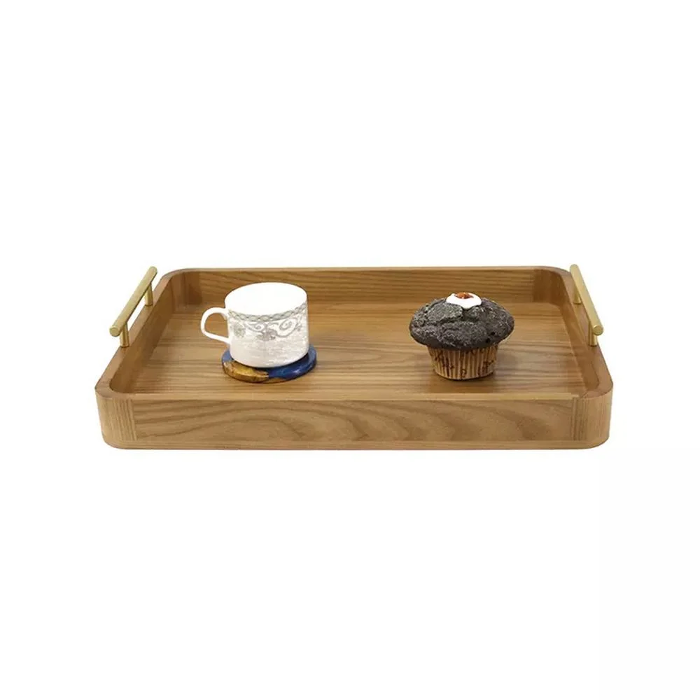 Custom Ash Wooden Serving Tray with Metal Handles for Breakfast Coffee Food Cake