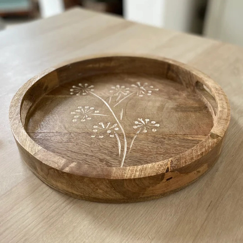 Wooden/Wood Round Serving Plate/Tray with Dandelion Pattern for Cakes/Coffee/Tea/Drinks/Food/Plants