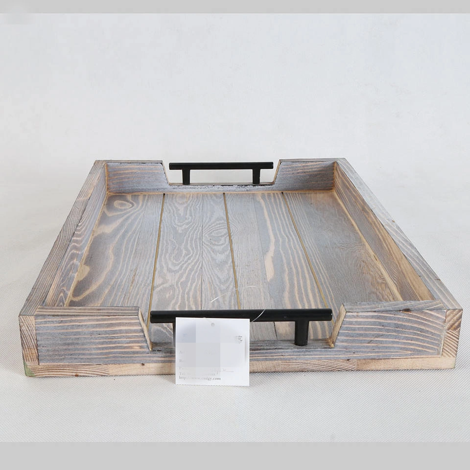 Eco-Friendly Wooden/Wood Serving Tray with Metal Handles for Coffee/Wine/Drinks/Food/Breakfast