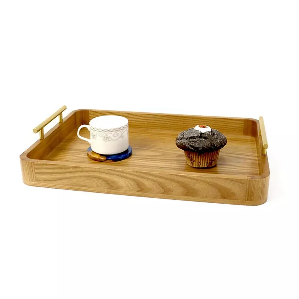 Custom Ash Wooden Serving Tray with Metal Handles for Breakfast Coffee Food Cake