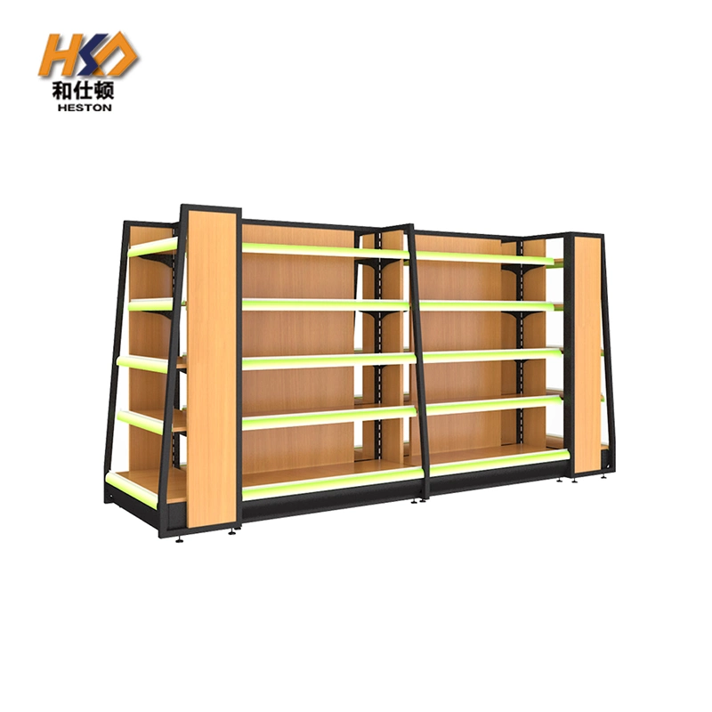 Wood Color Metal Cabinet Display Shelf Wall Supermarket Shelf with Light Box