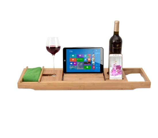 Bambus-Badewannen-Caddy-Tablett, Badetablett aus Holz mit ausziehbaren Armen, Leseständer, Tablet-Halter, Handy-Tablett und Weinglashalter